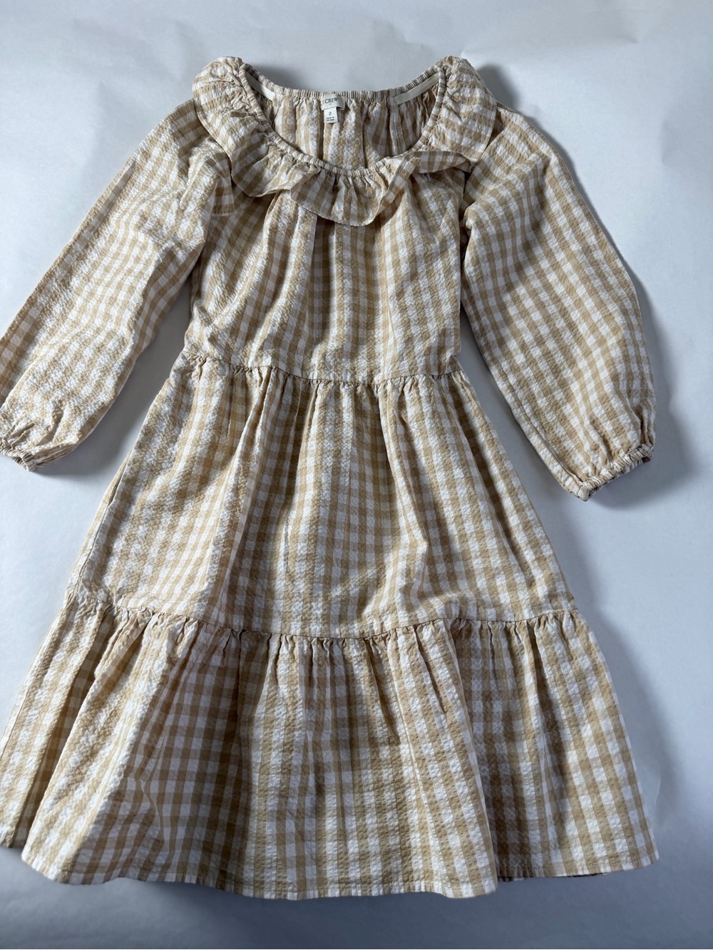 J. Crew Beige and White Gingham Ruffle Midi Dress